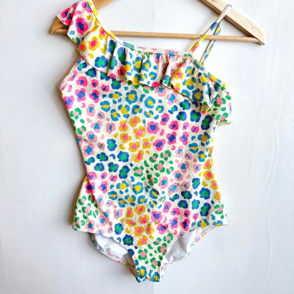 Boden Girls Multicolor‎ Leopard Print Ruffle One Shoulder Swimsuit 13-14Y 164cm